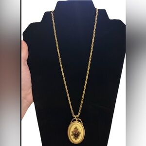Victorian Style Gold Tone Floral Pendant Necklace Roses Oval 24” Chain